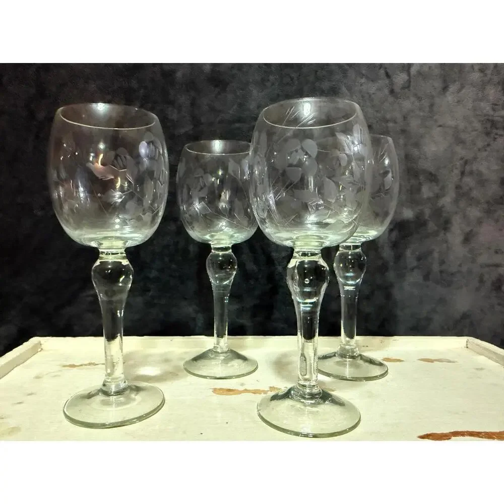Set of 4 Vintage Etched Floral Wine Goblets Balloon Bowl Stemware